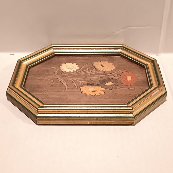 Vtg Mayflower Sorrento Inlaid Wood Framed Art-Floral-Octagonal-Marquetry-Italy - Picture 3 of 12